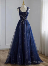 A-Line Navy Blue Tulle Beaded V-Neckline Party Dress, Navy Blue Shiny Tulle Prom Dress